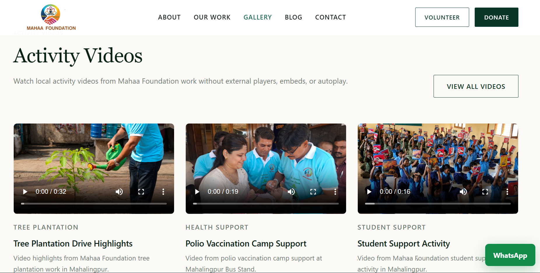 Mahaa Foundation activity videos for tree planting, health, and student support
